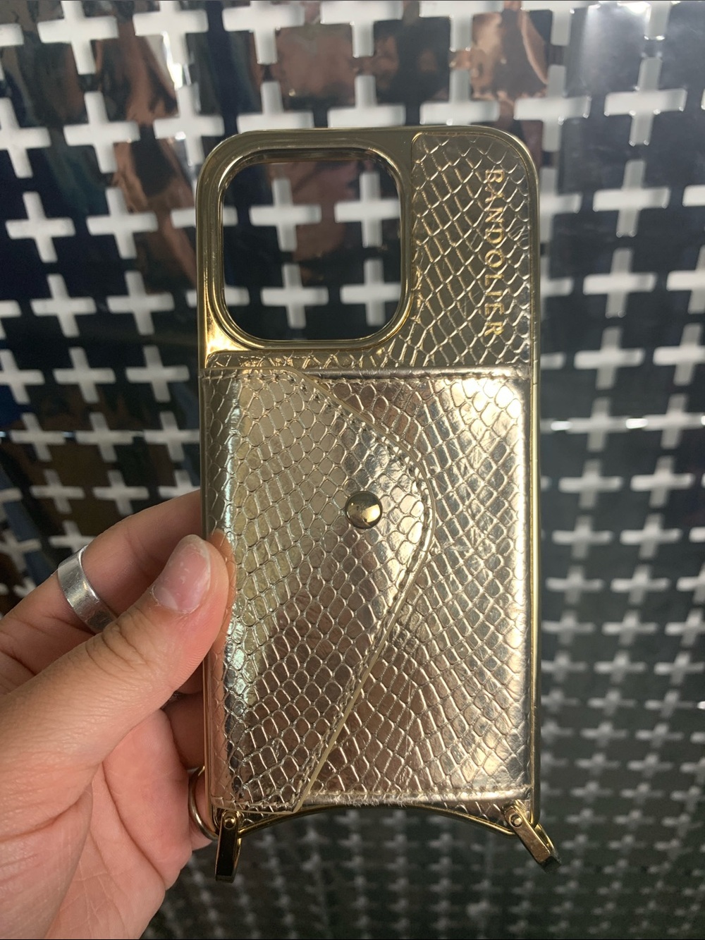 Bandolier Metallic Gold Card Pocket iPhone 15 Pro Case with Reptile Texture